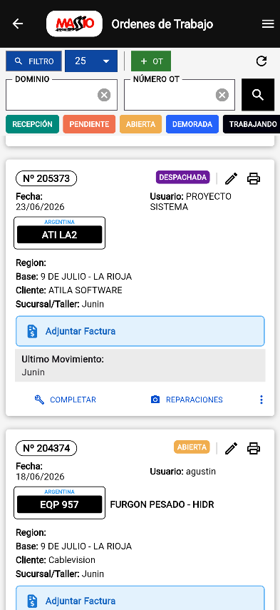 OT en estado despachado