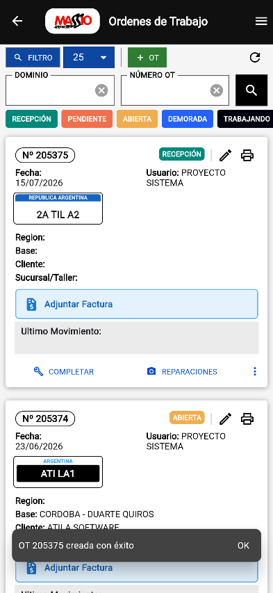 OT en estado recepción